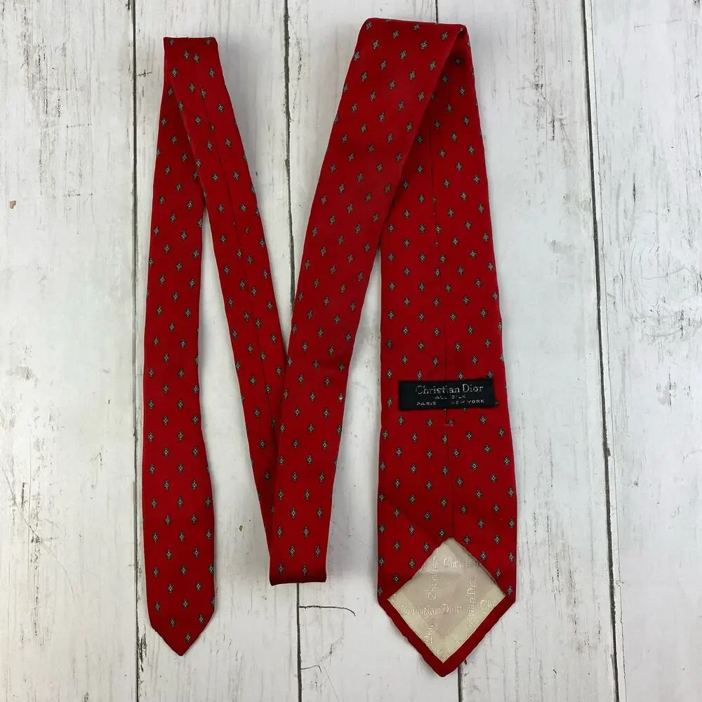 VTG Christian Dior Paris New York Red Silk Diamond Pattern Neck Tie Business